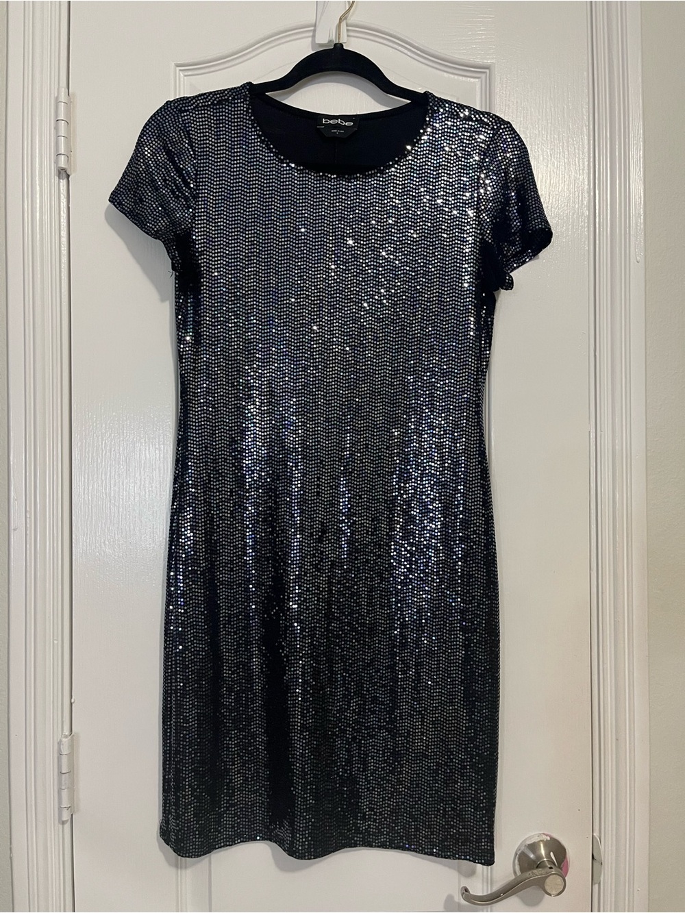 bebe Black Sequin Short Sleeve Mini Dress